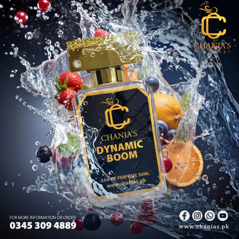 Chania’s Dynamic Boom perfume, inspired by Boom Shell, displayed in a striking cologne bottle that highlights its contemporary design and bold branding against a simple backdrop.