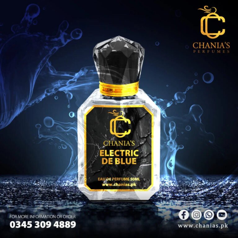 Chania’s Electric De Blue perfume, inspired by Bleu de Chanel, elegantly showcased to highlight its unique design and premium branding.