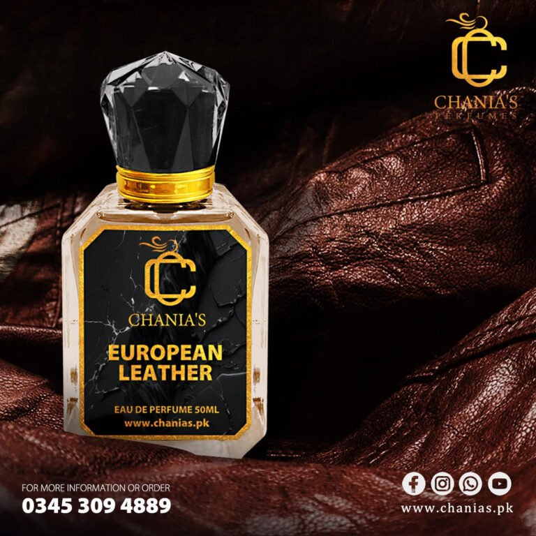 Chania’s European Leather perfume, inspired by Tucson Leather, displayed with elegance like fine European leather care products on a wooden surface, emphasizing its rich design and craftsmanship.